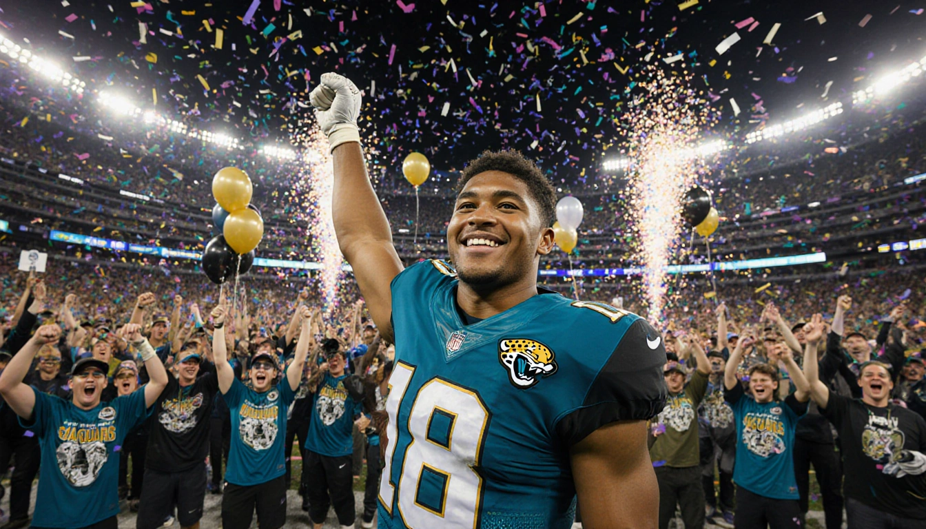Trevor Lawrence celebrates victory with confetti and cheering Jaguars fans in stadium lights.