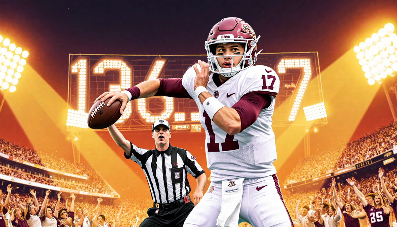 Trevor Lawrence throwing a touchdown pass with warm vibrant colors and a blurred stadium background and scoreboard flashing 1