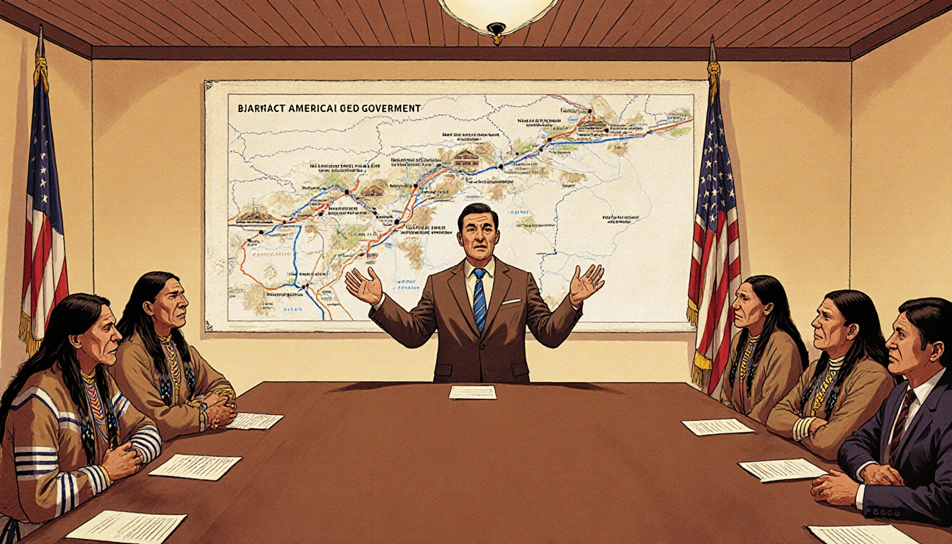 Tribal Chairman Joseph Zeke Rupnick gestures while addressing members and map of reservations used as detention centers