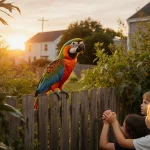 Vibrant tropical bird perched on wooden fence with golden sunset lighting a lush backyard and curious family peeking over.