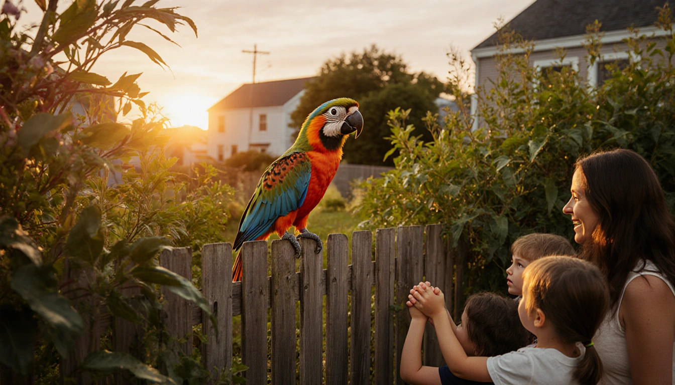 Vibrant tropical bird perched on wooden fence with golden sunset lighting a lush backyard and curious family peeking over.