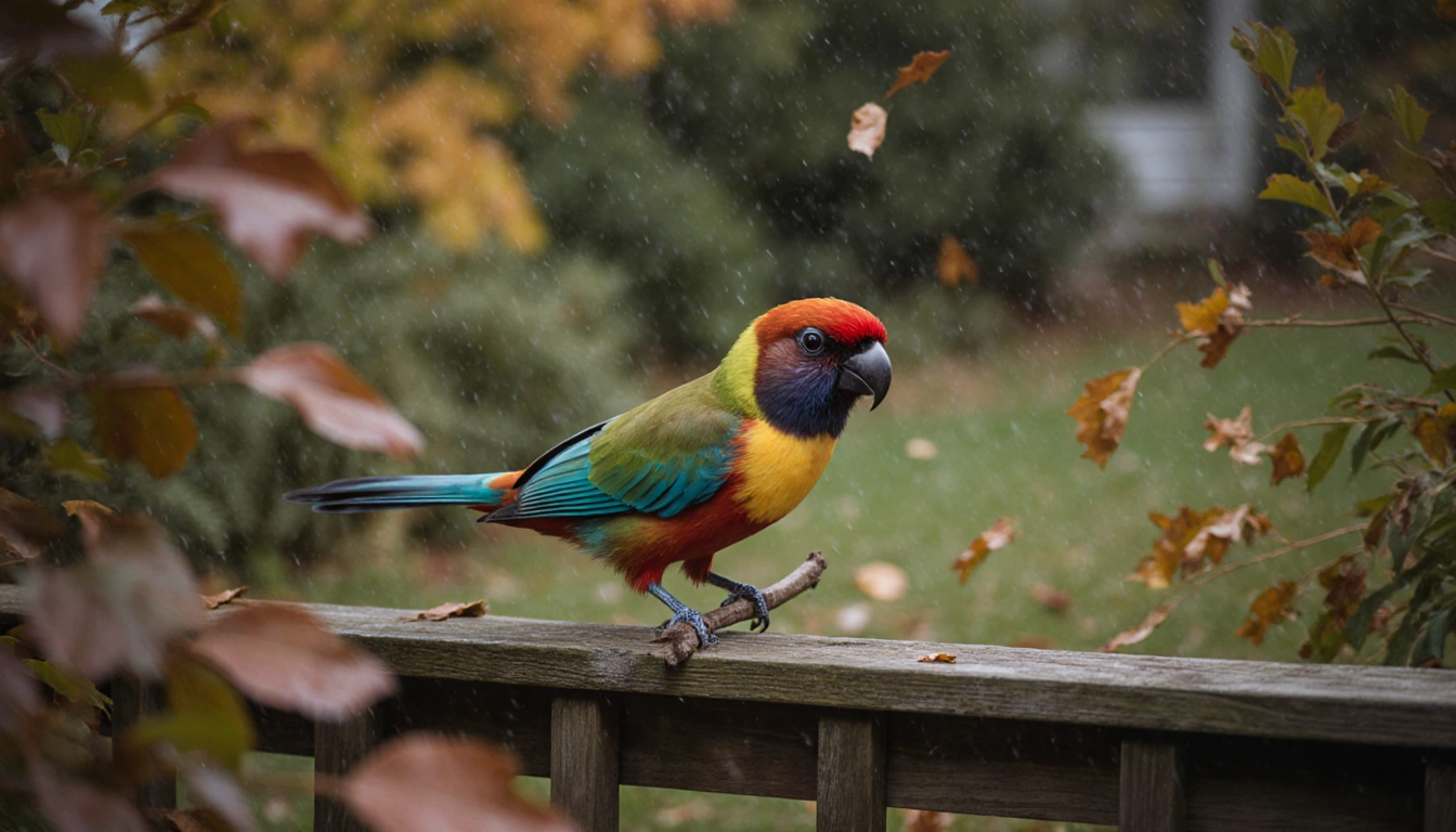 Tropical bird perches mid-branch on wooden fence with autumn foliage and windy leaves.