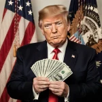 President Trump stands confidently holding $1,776 checks with American flag in front and patriotic cityscape in background