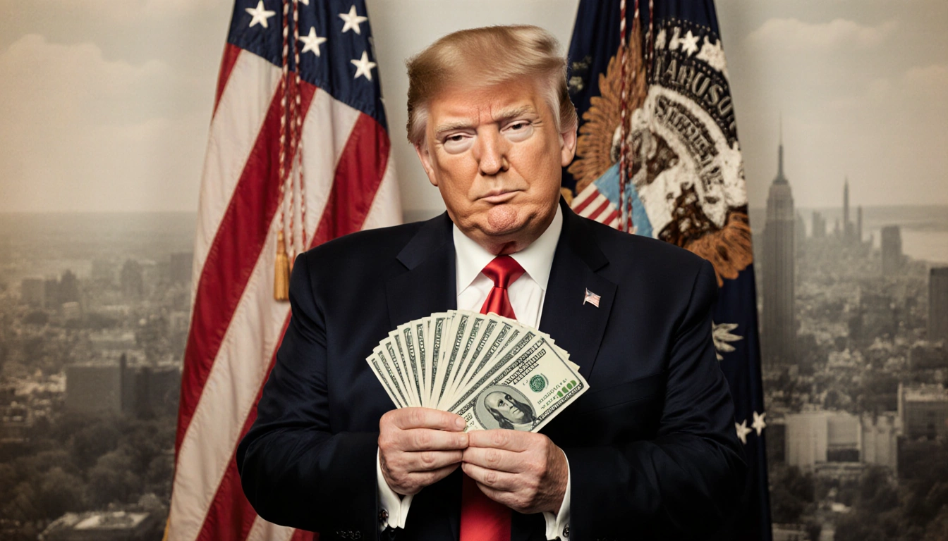 President Trump stands confidently holding $1,776 checks with American flag in front and patriotic cityscape in background
