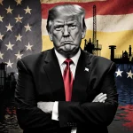 Donald Trump standing in front of a faded American flag with a dim oil rig and Venezuela oil fields behind