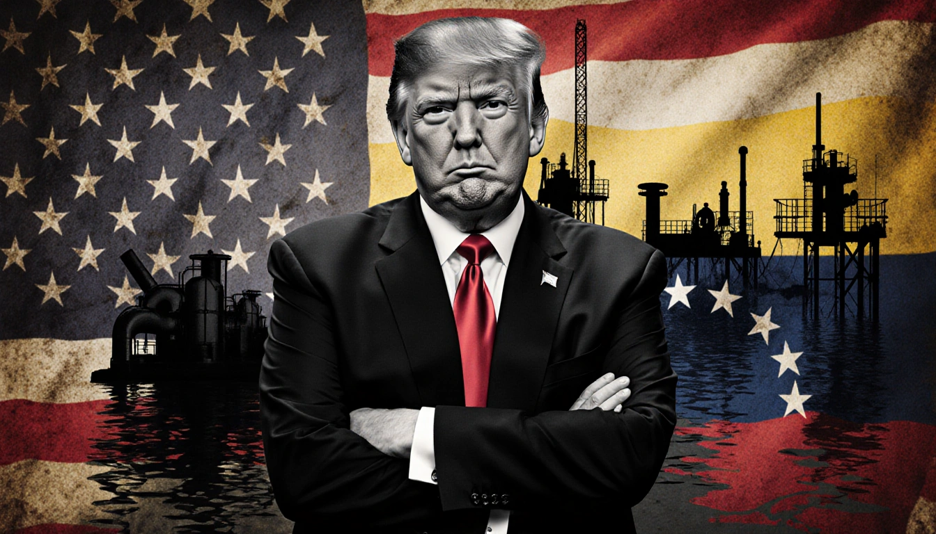 Donald Trump standing in front of a faded American flag with a dim oil rig and Venezuela oil fields behind