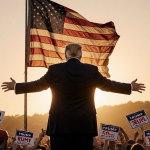 Donald Trump gestures toward crowd with vintage American flag behind and Republican supporters holding Trump 2026 signs
