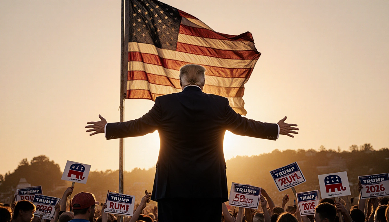 Donald Trump gestures toward crowd with vintage American flag behind and Republican supporters holding Trump 2026 signs