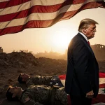 President Trump standing firm with American flag beside him and soldiers lying under torn flag in Syrian ruins