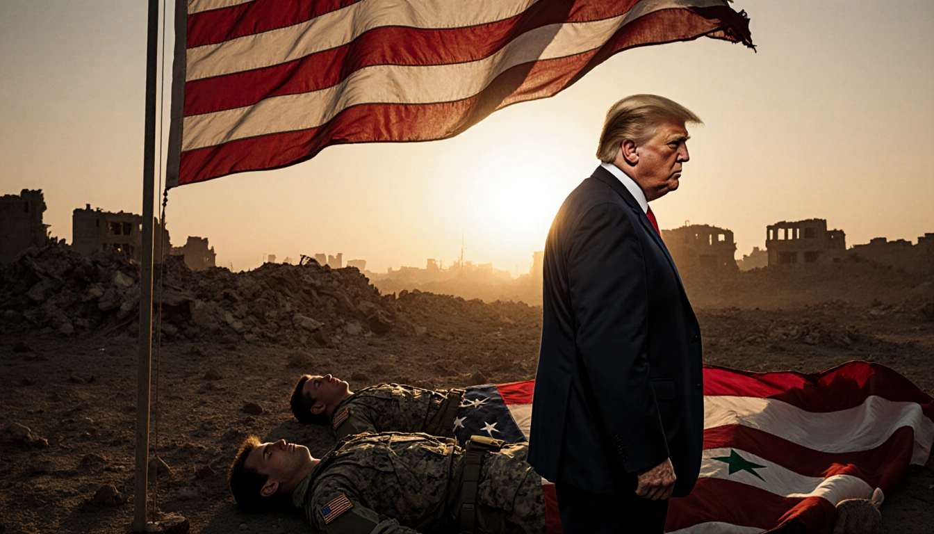 President Trump standing firm with American flag beside him and soldiers lying under torn flag in Syrian ruins