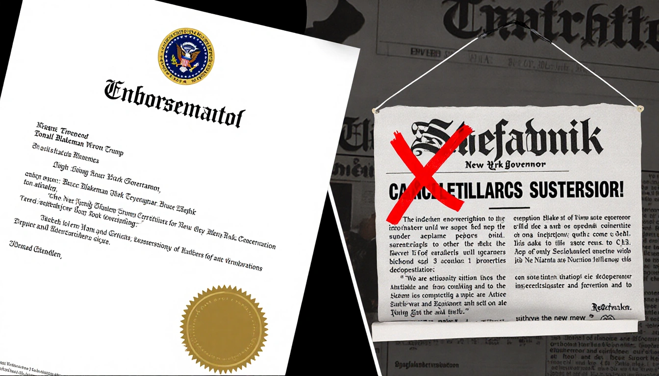 Certificate endorsing Bruce Blakeman with Donald Trump's seal beside headline marking Stefanik campaign suspension with red X