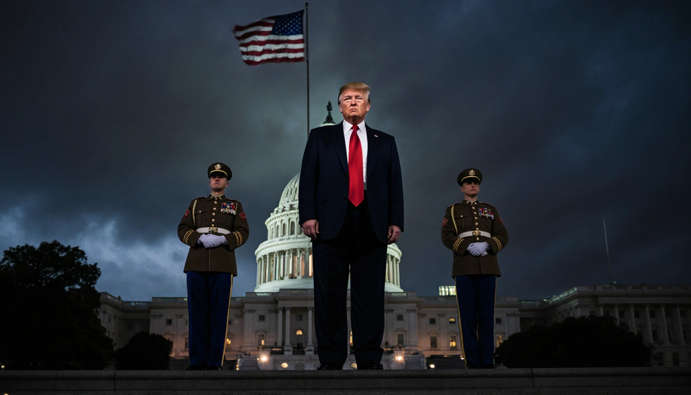 President Donald Trump standing on Capitol steps with two National Guardsmen and a waving flag above