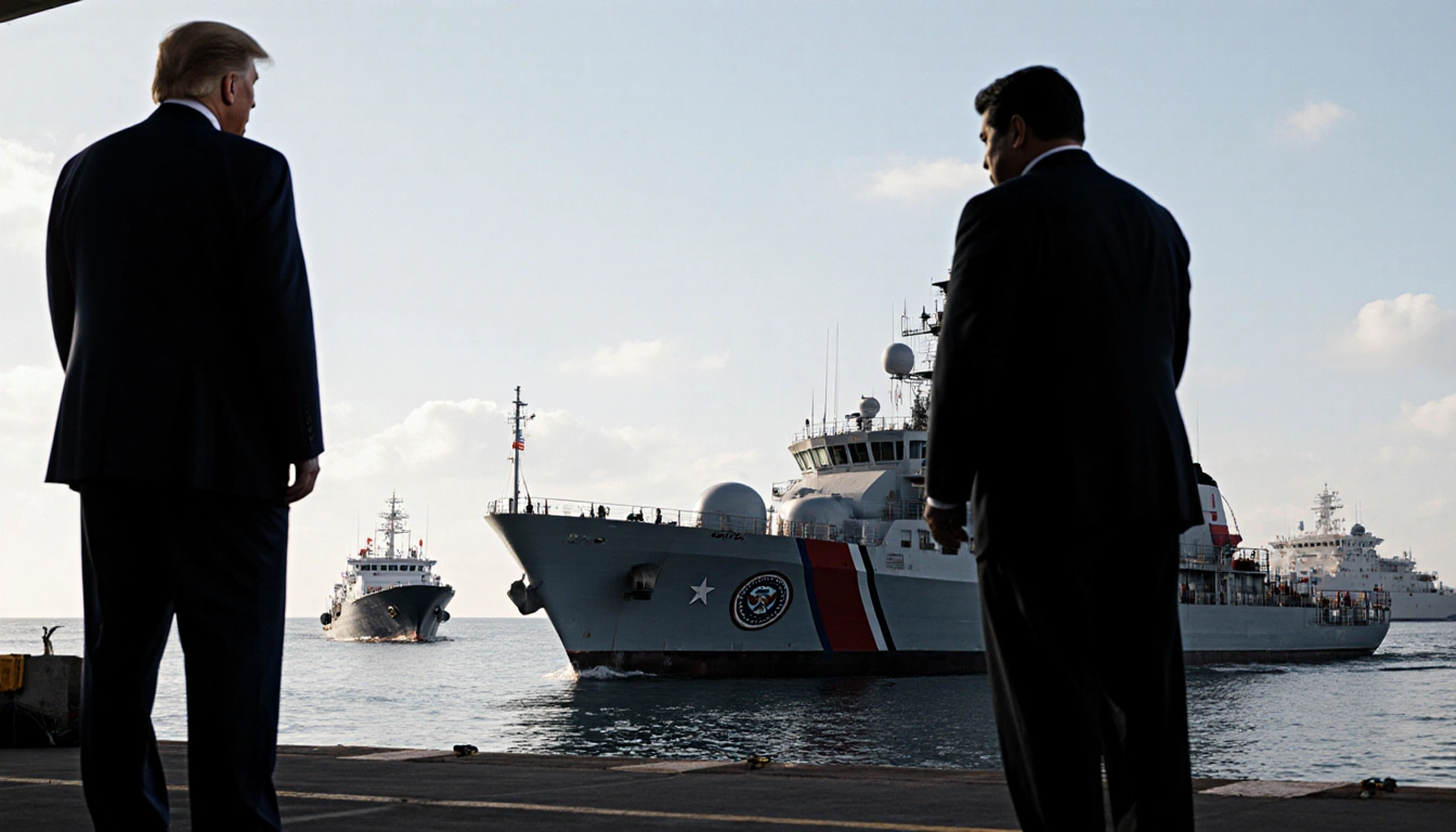 President Trump standing beside black Coast Guard cutter with stern pointing toward horizon and silhouette of Maduro dock.