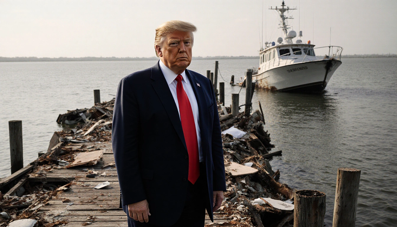 President Donald Trump standing in front of a damaged dock with debris scattered and a submerged boat in background