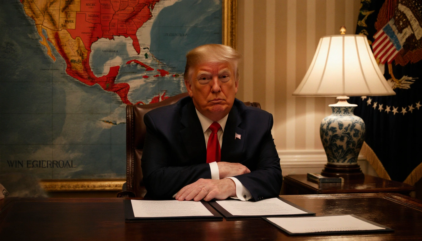 President Donald Trump sitting at wooden desk with resolutions fluttering and South American map red Venezuela and Mexico.