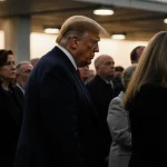 President Trump walking beside a service member’s family with lights and solemn families at Dover