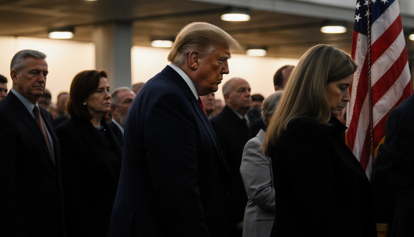 President Trump walking beside a service member’s family with lights and solemn families at Dover