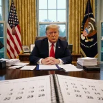 Ornate desk spilling papers with presidential seal behind it under warm golden light