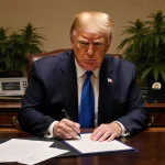 President Trump standing before desk signing executive order with papers scattered and marijuana research in background