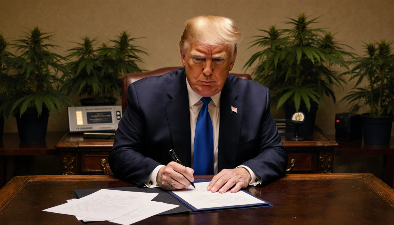 President Trump standing before desk signing executive order with papers scattered and marijuana research in background