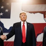 President Trump standing confidently in front of a large American flag with two men shaking hands and a subtle Texas map in b