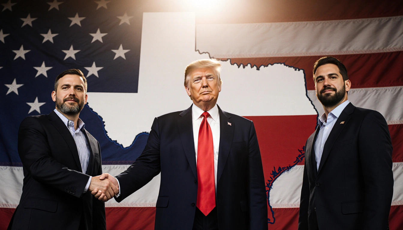 President Trump standing confidently in front of a large American flag with two men shaking hands and a subtle Texas map in b
