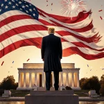 President Donald Trump standing at a historic landmark with a star‑spangled flag and fireworks illuminating the sunset sky
