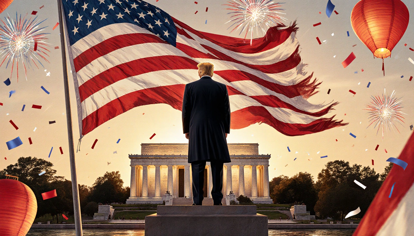 President Donald Trump standing at a historic landmark with a star‑spangled flag and fireworks illuminating the sunset sky