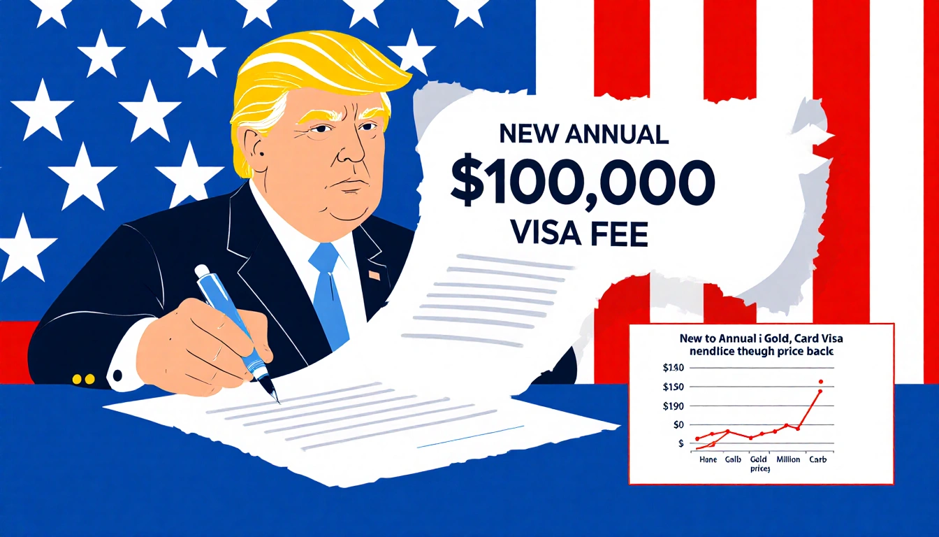 President Trump signing proclamation with large pen at desk and flag backdrop showing $100,000 visa fee and gold card graph