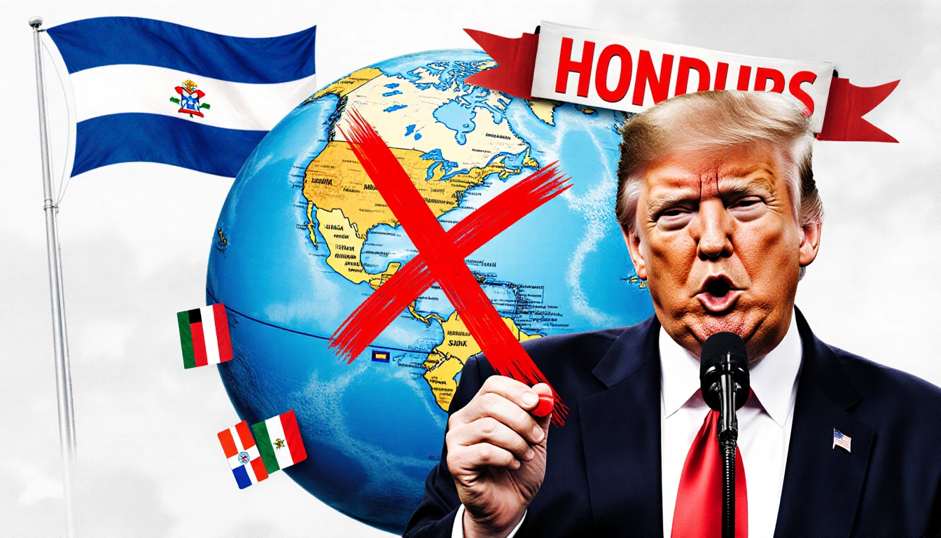 President holding a red marker with a confident expression and a globe marked with a red X surrounded by flags.