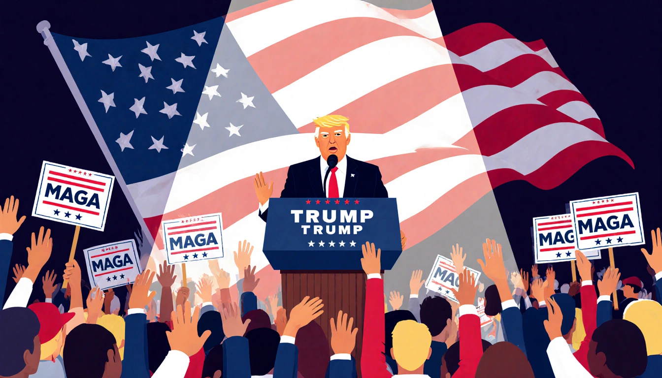 Trump speaking at podium with supporters holding MAGA signs and American flag waving