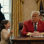 President Trump sits at Mar-a-Lago desk in Christmas red suit with child excitedly sharing wish list under warm lights
