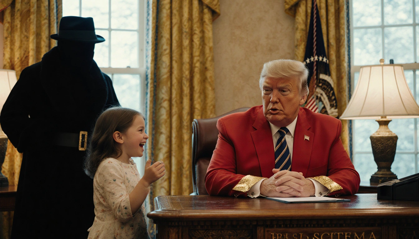 President Trump sits at Mar-a-Lago desk in Christmas red suit with child excitedly sharing wish list under warm lights