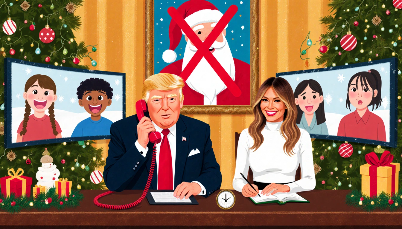 President Trump holding a red phone receiver with Melania smiling Mar-a-Lago phone bank desk Christmas lights excited callers