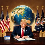 President Trump signing an executive order with Jared Isaacman NASA ID badge on desk and moonlit globe in background