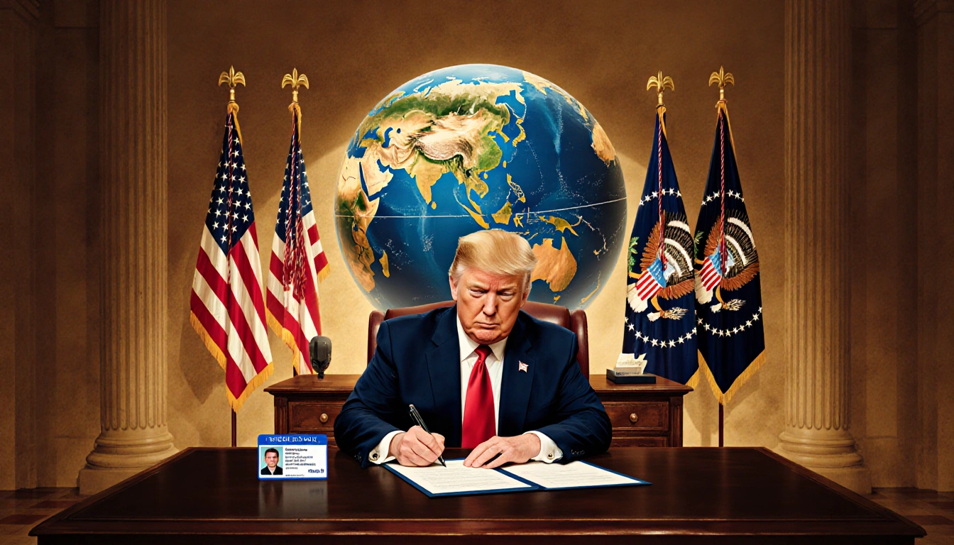 President Trump signing an executive order with Jared Isaacman NASA ID badge on desk and moonlit globe in background