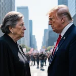 Supreme Court Justice confronts President Trump with Chicago skyline and protesters in blurred background