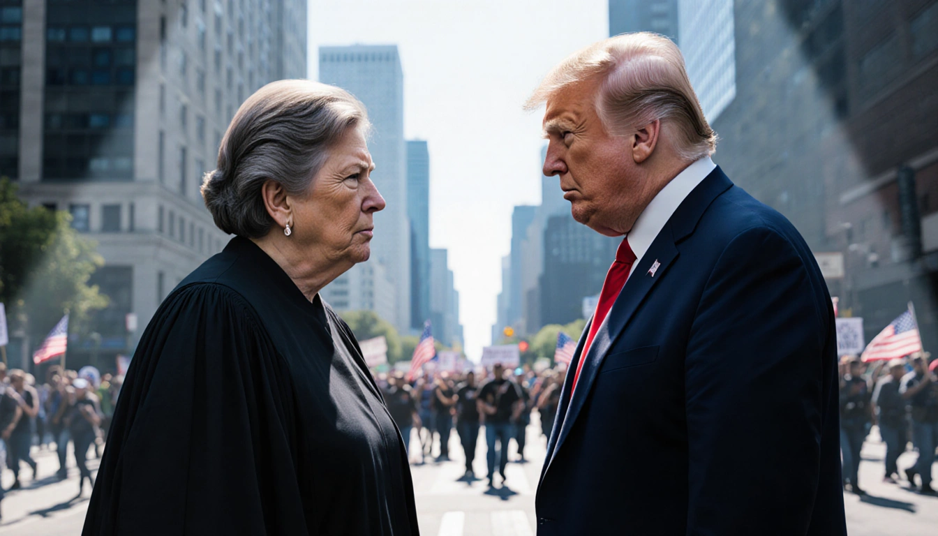 Supreme Court Justice confronts President Trump with Chicago skyline and protesters in blurred background