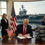 President Trump signs NDAA bill with raised hand near aircraft carrier and American flag
