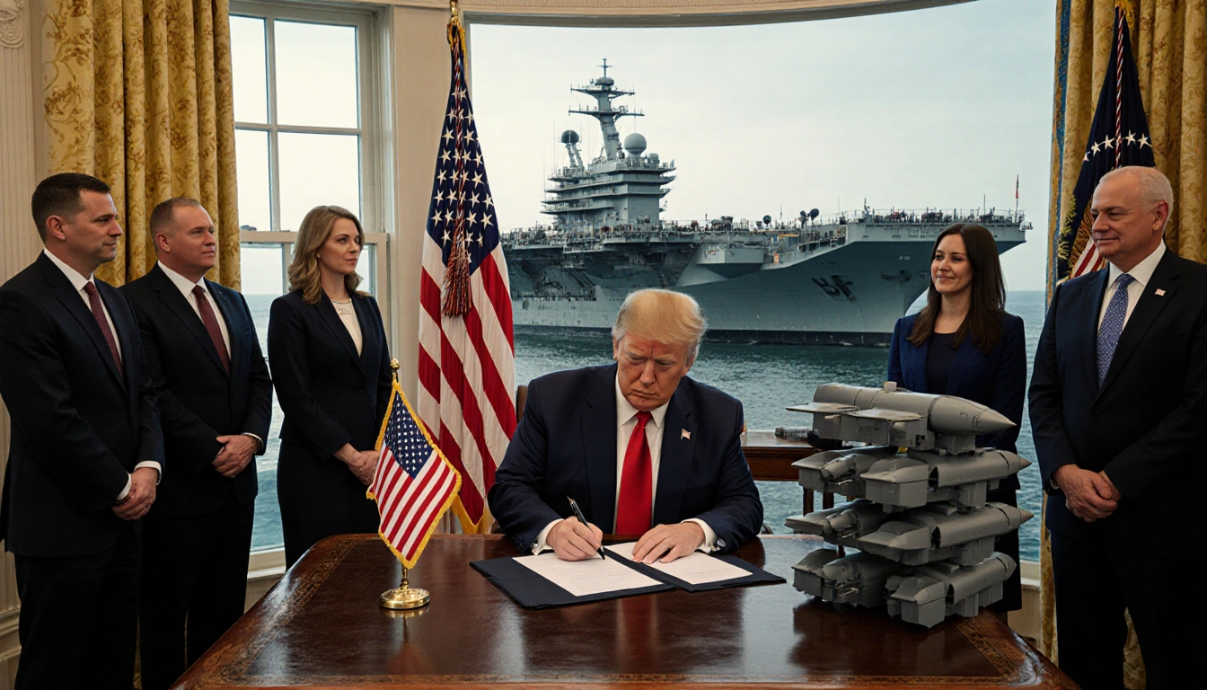 President Trump signs NDAA bill with raised hand near aircraft carrier and American flag