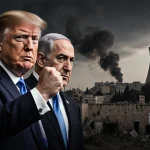 Trump and Netanyahu stand together with clenched fists against a darkened sky and a distant nuclear facility