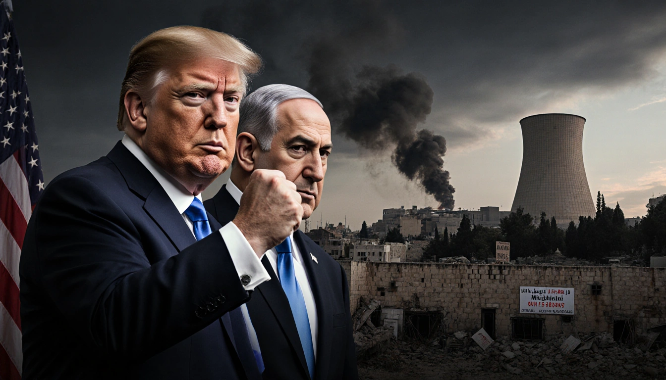 Trump and Netanyahu stand together with clenched fists against a darkened sky and a distant nuclear facility