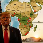 President Trump stands before a map of Nigeria with red strike markers and US flag beside Israeli flag with Mar‑a‑Lago sunset