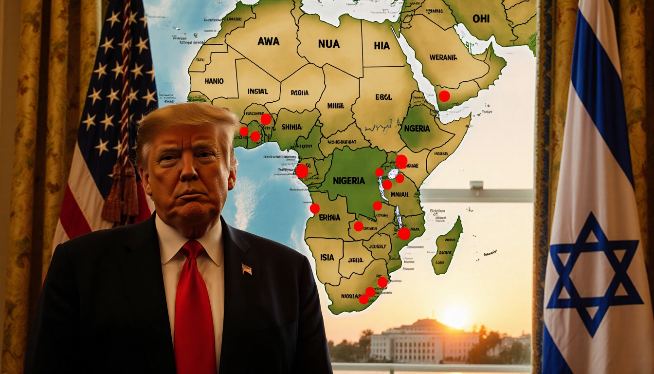 President Trump stands before a map of Nigeria with red strike markers and US flag beside Israeli flag with Mar‑a‑Lago sunset