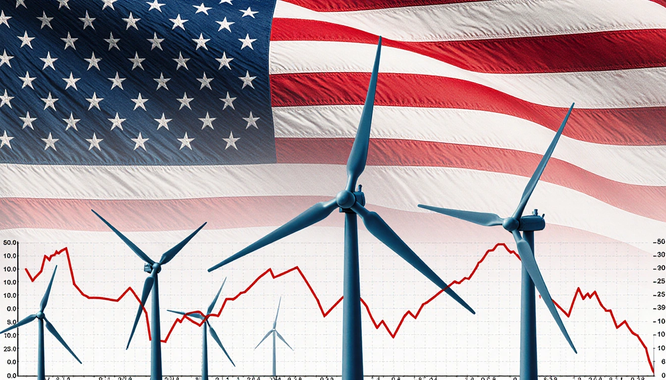 The flag drifts with backdrop outlining five offshore wind turbines and financial graph showing Dominion Energy losses.