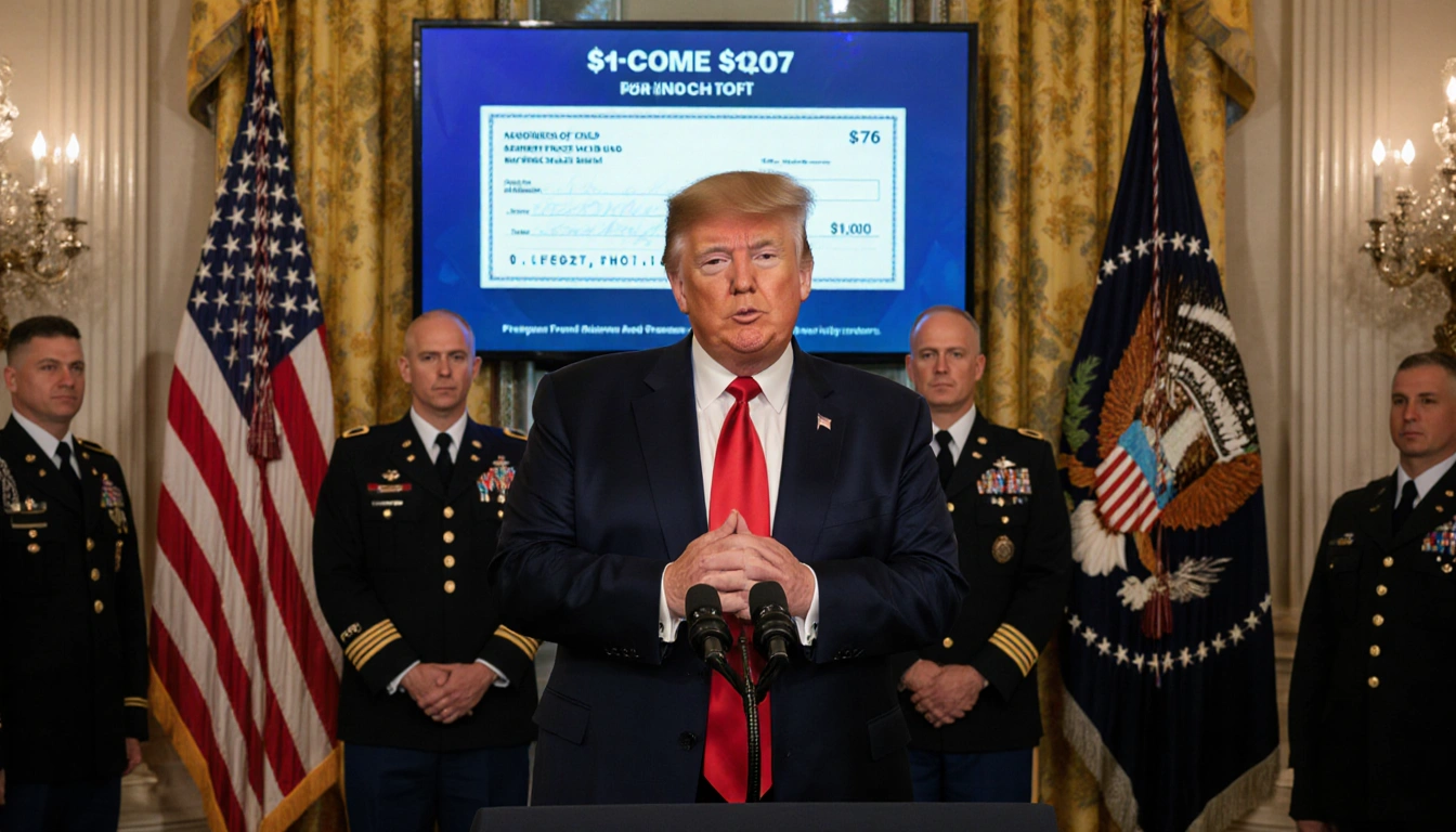 President Trump speaking at podium in Oval Office with flags in walls and screen showing $1,776 bonus check military crowd