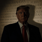 President Trump stands in Oval Office with stern expression and shadowed film credits behind.