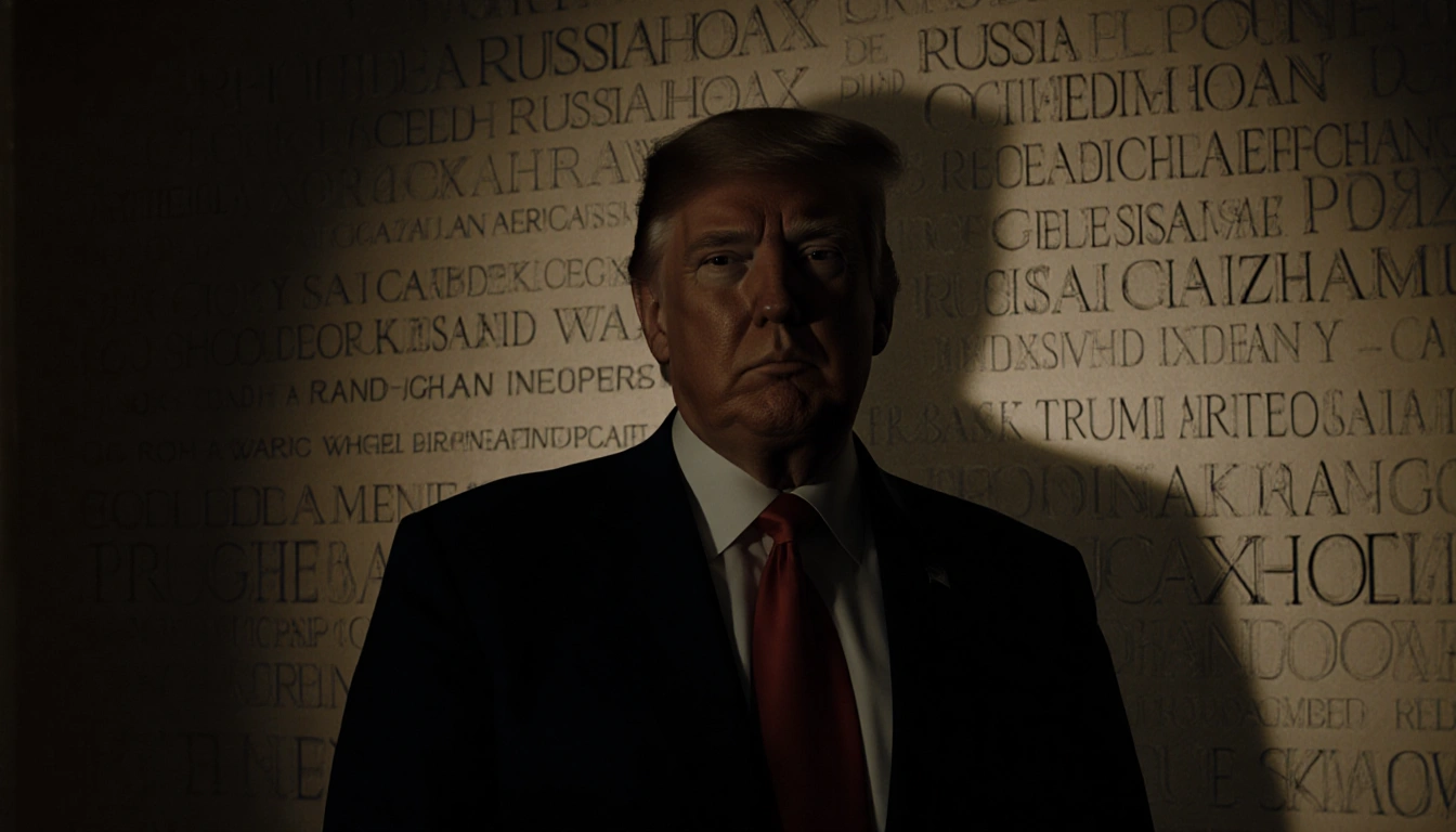 President Trump stands in Oval Office with stern expression and shadowed film credits behind.