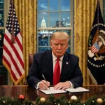 President Donald Trump signs an executive order with an American flag waving behind and holiday decorations in Oval Office.