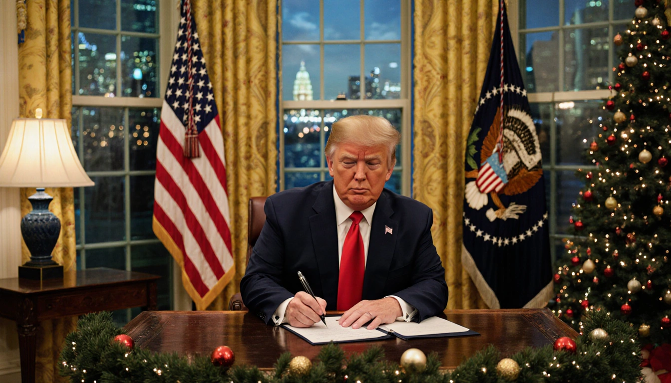 President Donald Trump signs an executive order with an American flag waving behind and holiday decorations in Oval Office.